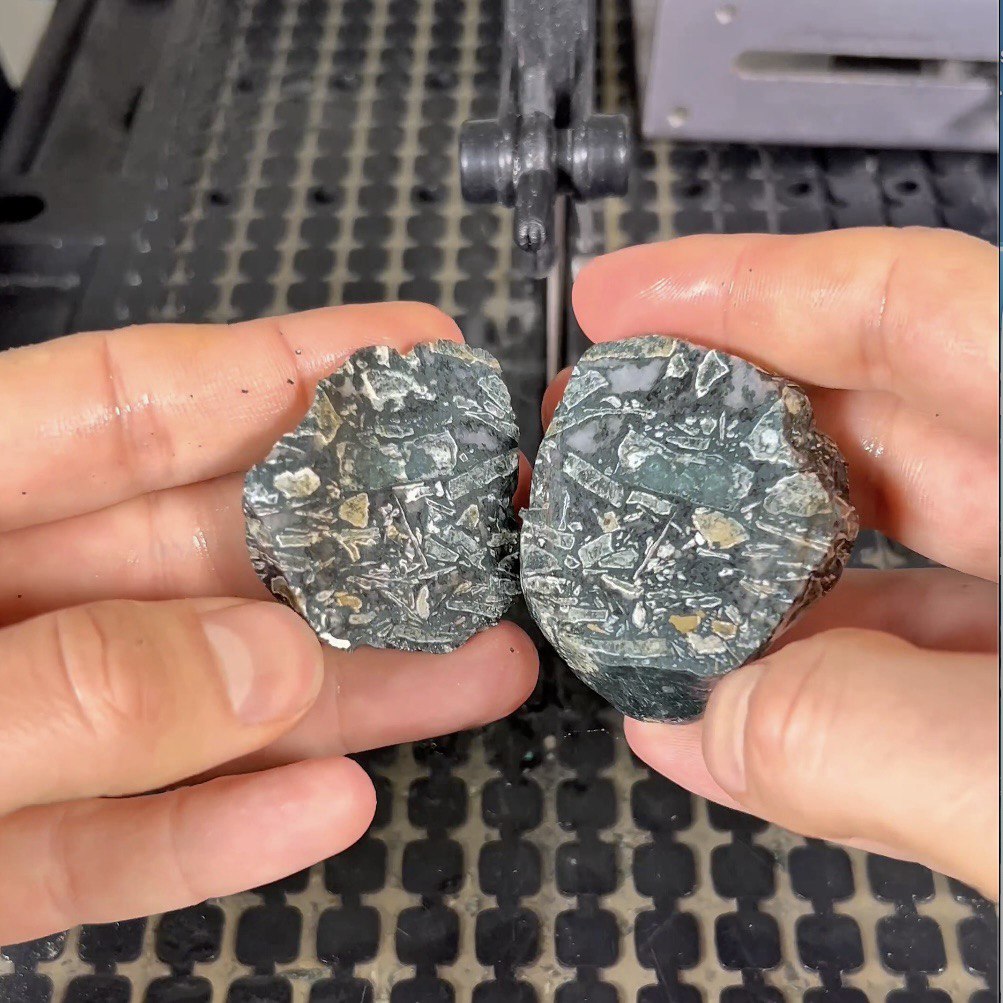 A freshly split stone revealing its hidden interior patterns