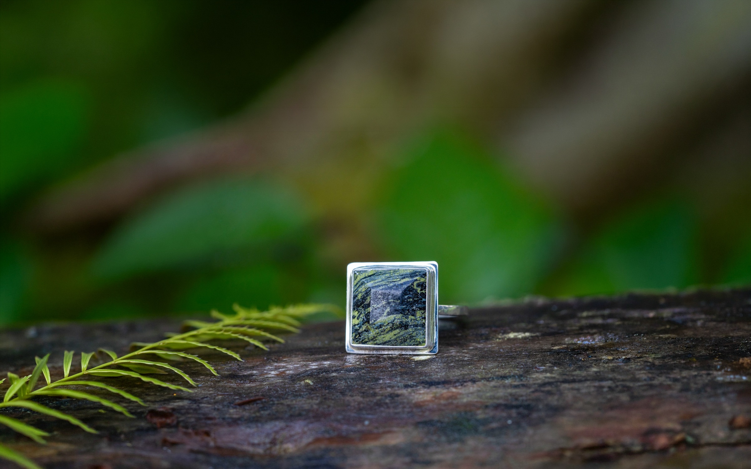 Elfin stone ring with green serpentine set in silver, resting on mossy wood in a Vancouver Island forest