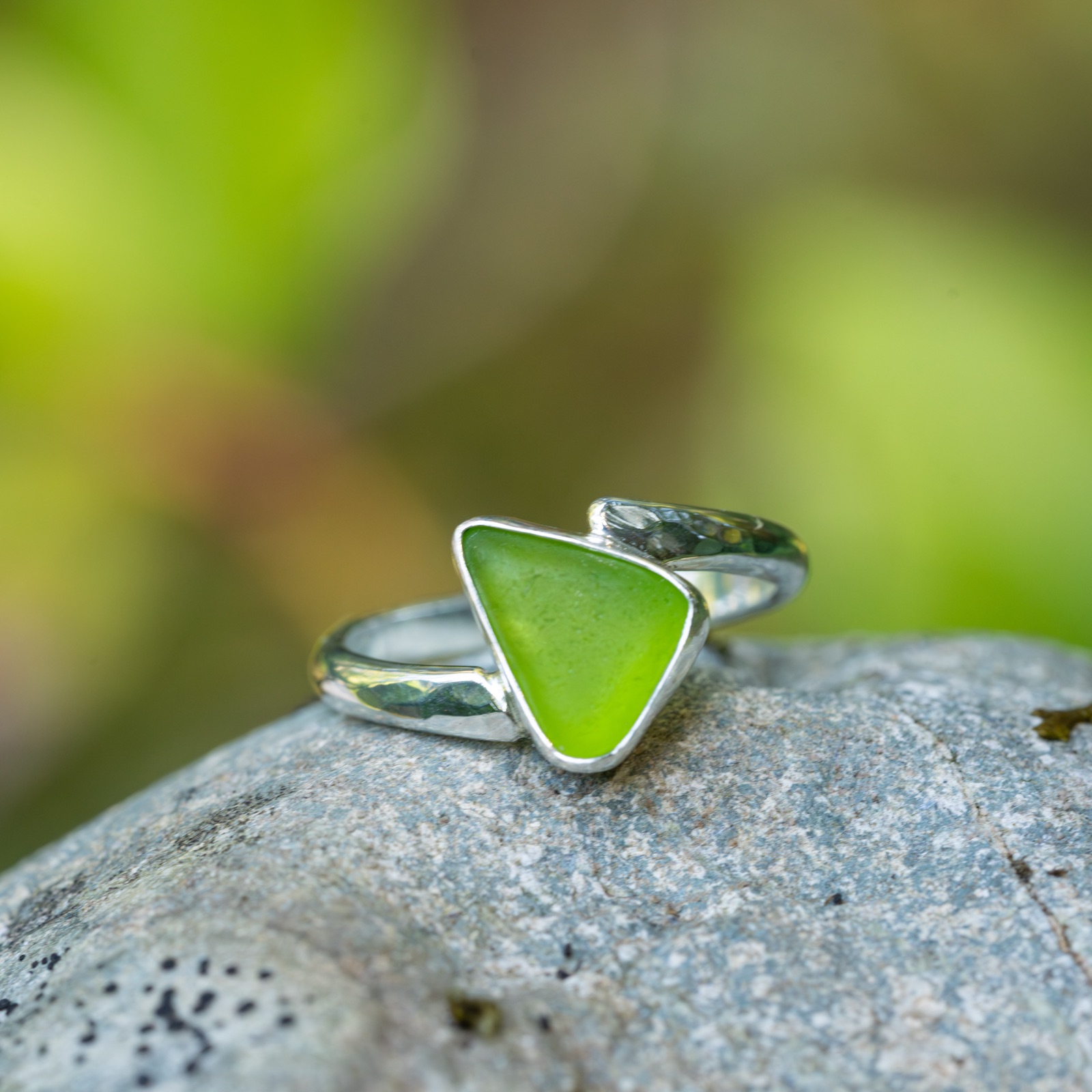Sea glass ring with frosted blue-green glass